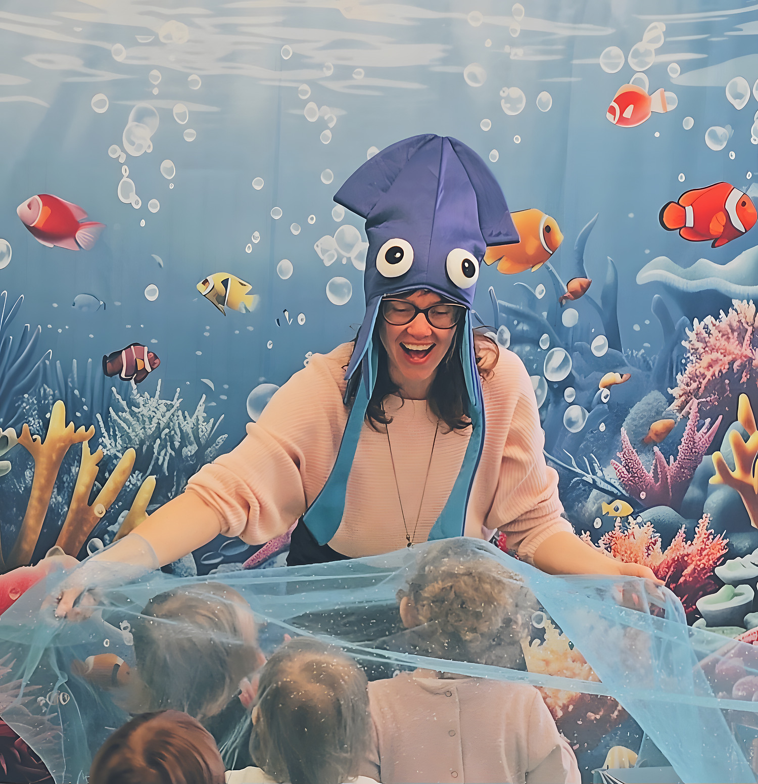Children playing in a sea splash scene